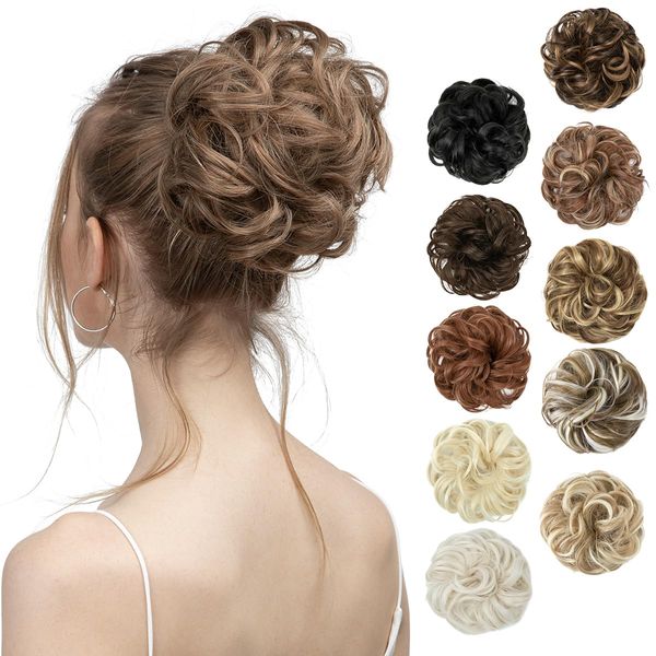 SARLA 2PCS Dark Blonde Updo Messy Bun Hair Piece Synthetic Wavy Curly Scrunchies Pony Tail Extension for Women Girls