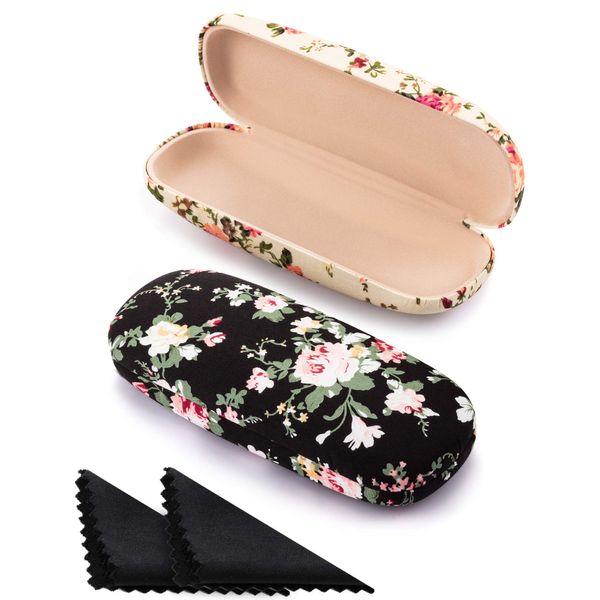 2 Pieces Hard Shell Eyeglass Case Flower Glasses Case for Women Floral Fabric Women Eyeglass Case Retro Hard Glass Case Portable Eyeglass Box for Women Girl Ladies Spectacles (Apricot, Black)