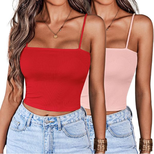 Ekouaer Damen 2 Stück Crop Camisole Top Spaghettiträger Tank Top ärmellos Basic Cami Shirts Tube Tops Rot + Rosa L