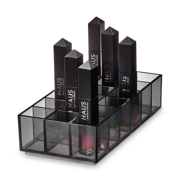 iDesign Compartment Divided Lipstick Organiser from the Signature Series by Sarah Tanno, Long RPET Makeup Organiser Storage, Makeup Storage Box, Smoke/Matte Black, 20.24/10.08/5.08