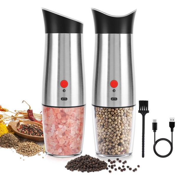 Electric Salt and Pepper Grinder Set: - USB Rechargeable Electric Pepper Mill, Automatic Seasoning Salt Mill Stainless Steel, Adjustable Grind Coarseness,High Capacity Refillable(Silver)