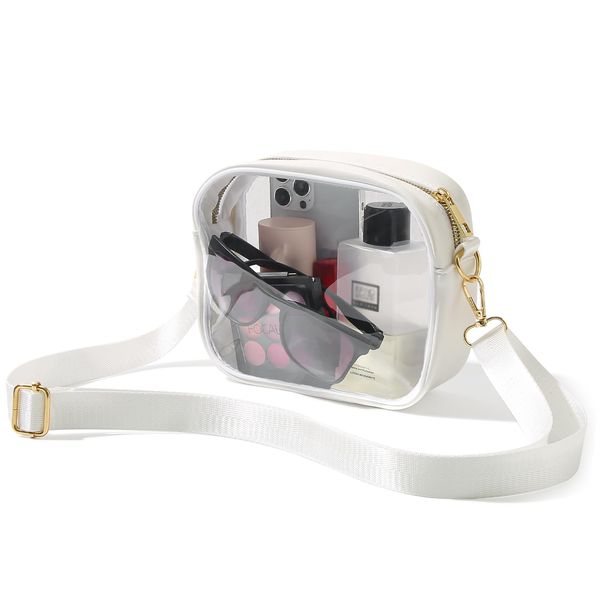 TOBVZOO Clear Purse Crossbody Bag for Women Stadium Approved, Small Leather Clear Bag with Adjustable Strap for Concert Sports Events (White)