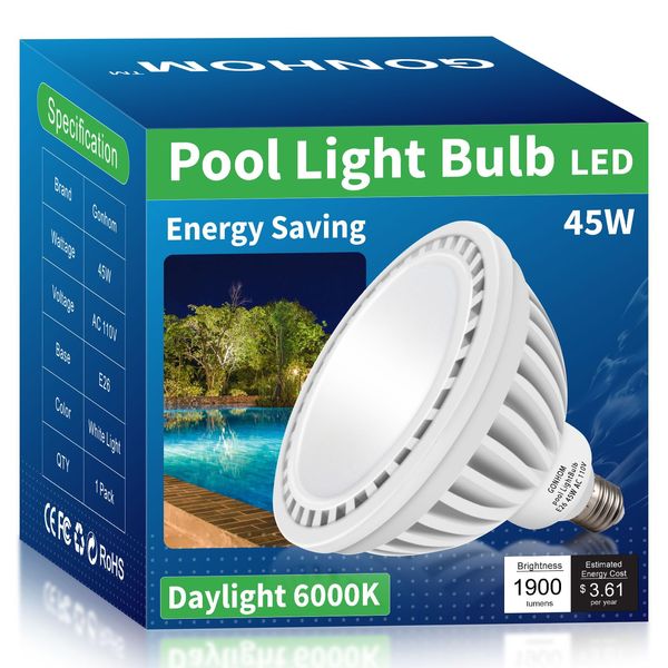 Gonhom LED Pool Light Bulb,E26 Base 120V Daylight White Pool Lights, 45W LED Swimming Pool Light Bulb Replaces Up to 200-600W Traditionnal Bulb,Non Dimmable