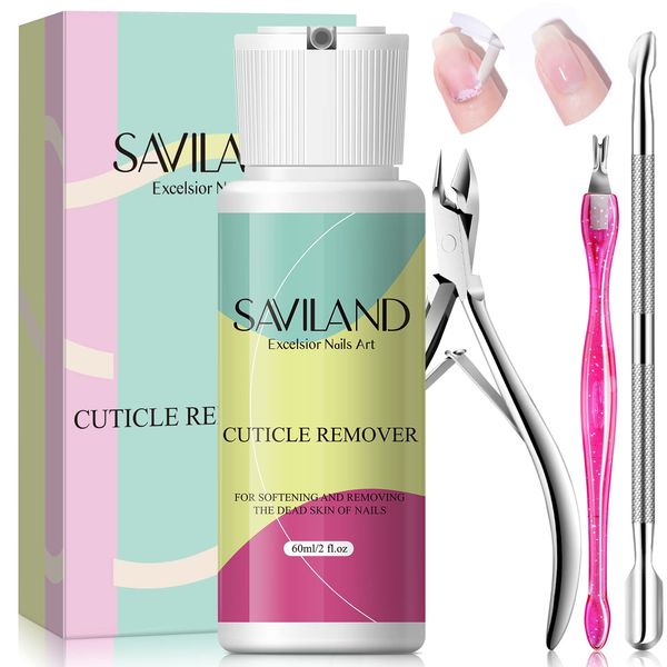 Saviland Upgraded Cuticle Remover Tools Set - 60ml Cuticle Remover Liquid with Cuticle Cutter, Cuticle Trimmer, Cuticle Nipper and Cuticle Pusher, Nail Care Kit for Cuticle Care