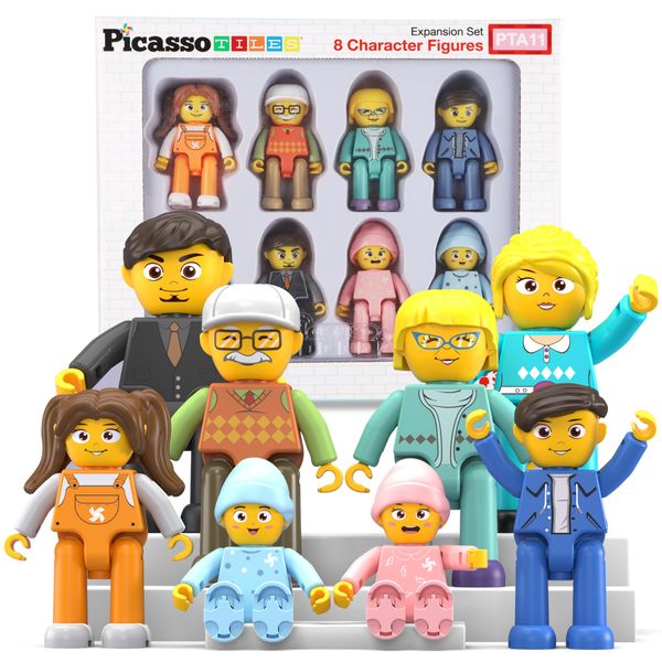 Picasso Toys Magnetic Action Figures 8 Piece Family Character for Construction Building Block Tiles Toddler Toy Set Magnet Expansion Variety Pack Educational STEM Learning Kit Pretend Playset PTA11