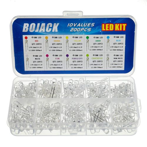 BOJACK 10 colors 200 pcs 5mm Light Emitting Diode Lights Assored Kit Pack (Transparent DC 2V - 3.2V 20mA) Bright Lighting Bulb Lamps Electronics Components 5 mm Light Emitting Diodes Parts