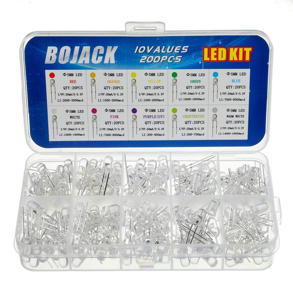 BOJACK 10 colors 200 pcs 5mm Light Emitting Diode Lights Assored Kit Pack (Transparent DC 2V - 3.2V 20mA) Bright Lighting Bulb Lamps Electronics Components 5 mm Light Emitting Diodes Parts