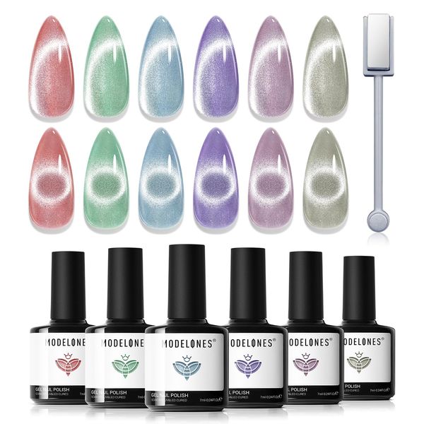 Modelones Smalti Semipermanenti Unghie, 6 Colori Rosa Verde Blu Viola Cat Eye Gel con Magneti, Smalto Gel Unghie UV Gel French Manicure, 7ml