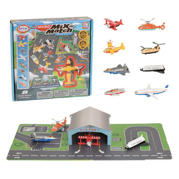 POPULAR PLAYTHINGS Mix or Match Vehicles, Magnetic Snap Toy Play Set, Micro Aircraft with Airplane Helicopter and More, Playmat Included