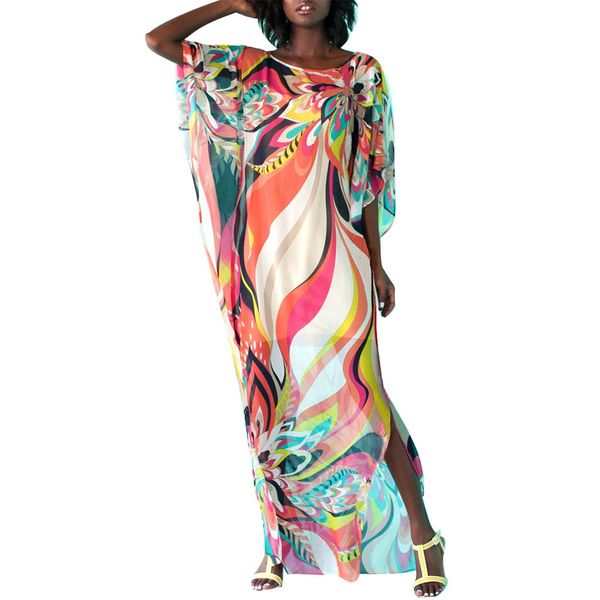 Bsubseach Women's Colorful Floral Print Chiffon Swimwear Turkish Kaftans Swimsuit Cover up Caftan Beach Long Dress