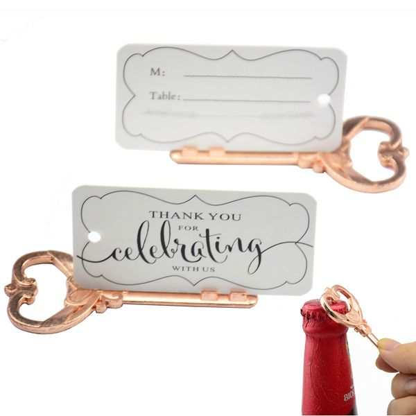 Aokbean 50pcs Key Bottle Opener Place Card Holder for Weddings Table Name Cards for Guests Souvenirs with French Ribbon (Rose Gold)