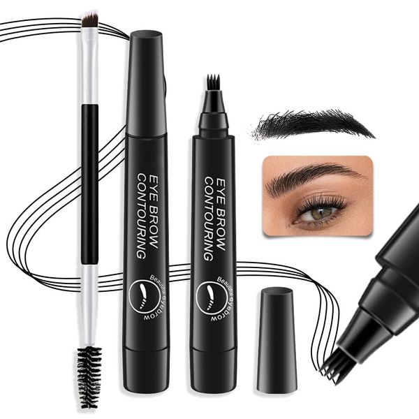 2Pcs Microblading Eyebrow Pen with Brow Brush,4 Tip Eye Brow Pencils for Women,Sponge Head Magical Precise Waterproof Brow Pen,Suake Eyebrow Contouring Pen,Creates Natural Brows - Black