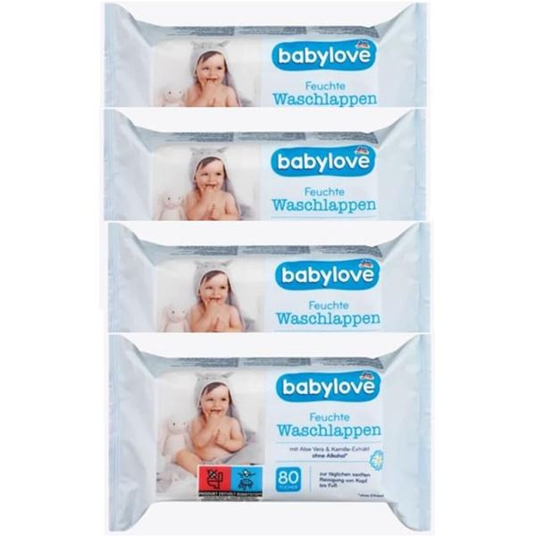 Babylove Feuchte Waschlappen - Sanfte Reinigung mit Aloe Vera & Kamille, für empfindliche Babyhaut & Erwachsene, 4 x 80 Stück + Halley Bedding Notizblock Set