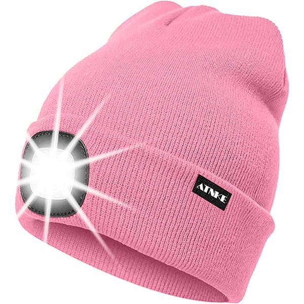 ATNKE LED Lighted Beanie Cap,USB Rechargeable Running Hat Ultra Bright 4 LED Waterproof Light Winter Warm Gifts for Men and Women/Pink