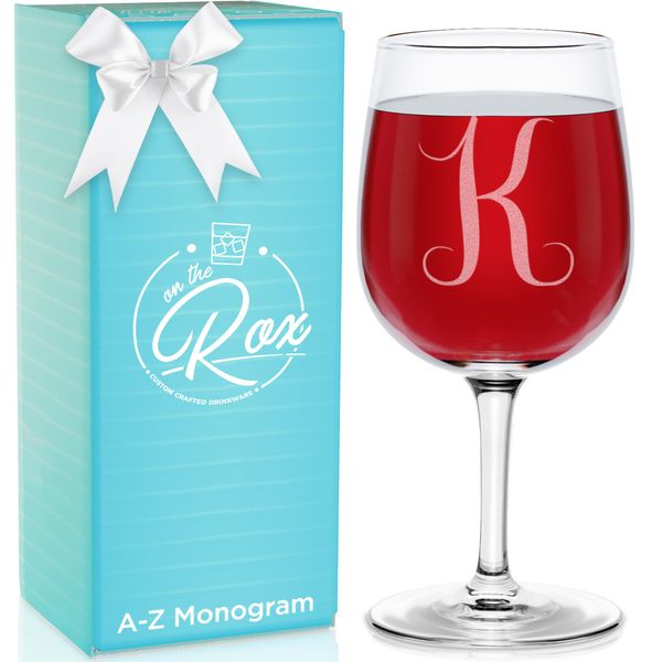 Monogrammed A-Z Wine Gifts for Women - 12.75 oz Engraved Personalized Wine Glass- Funny Wine Lover Monogram Gifts for Women - Unique Wine Glasses Gift Set (K)