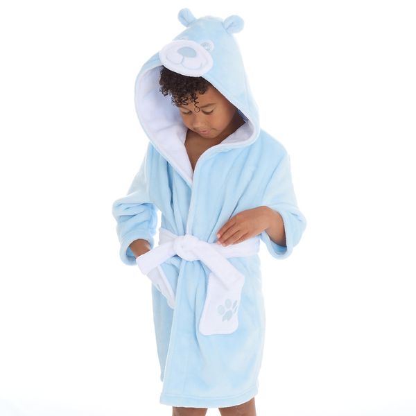 Metzuyan WS-AW23 Baby Girls Boys Teddy Bear Hearts Plain Dressing Gown with Hood Cosy Plush Fleece Hooded Robe Blue 3-4 Years