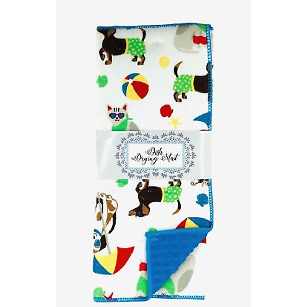 Pet Dish Drying Mat 15" x 20" Beach Cats Dogs At the Poolside Reversible Blue