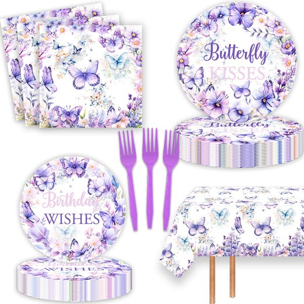 51 Pcs Butterfly Kisses Birthday Wishes Party Supplies Tableware Butterfly Table Cloth Paper Plates Napkins Forks Dinnerware for Butterfly Baby Shower 1st 2nd 3rd 4th Bday Party Decorations