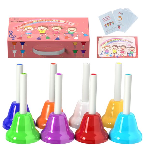 Hand Bells, 8 Note Musical Handbells Set with 17 Songbook Musical Toy Percussion Instrument for Toddlers Children Kids for Children's Day Family Activity School and Church (Upgraded Edition)