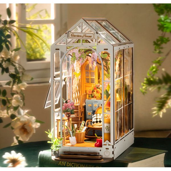 ROWOOD Book Nook Kit Gartenhaus, DIY Booknook Diorama Buchstütze Modellbausatz 3D Puzzle Aus Holz - Miniatur Haus Kit Bastelset Geschenke