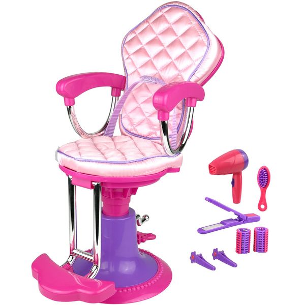 Pretend Play Hair Salon Toy for Girls, Click N' Play Doll Salon Chair with 8 Doll Accessories - Hair Salon Toys for Girls: Chair, Hair Brush, 2 Hair Clips, 2 Curlers, Girl Gift Ages 3+, Pink & Purple