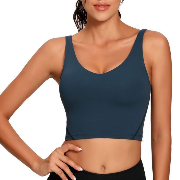 Lemedy Women Sports Bra Longline Crop Tank Top Padded Workout Running Yoga (M, Dark Cyan)