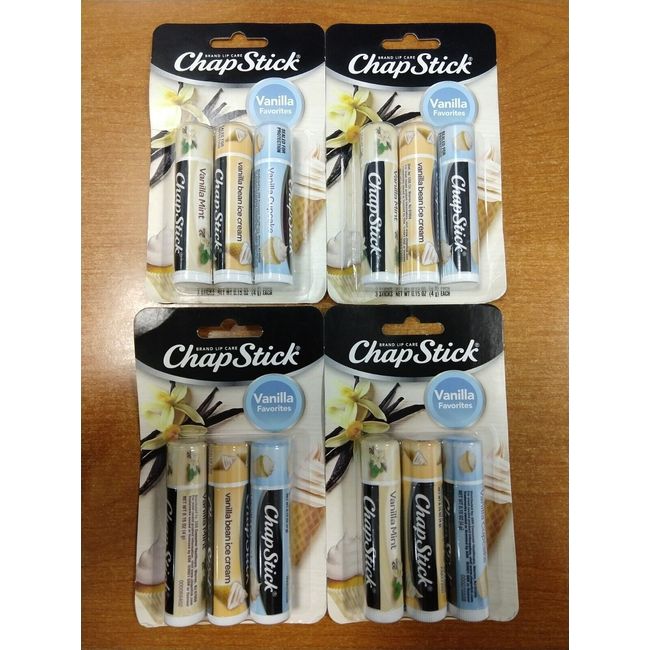 4 Packs of 3: Chapstick Vanilla Favorites: Vanilla Bean/Cupcake/Mint NEW E8E