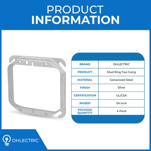 OHLECTRIC 4 Pack - 4-Inch Square Two Gang Mud Ring Device Made from Galvanized steel | ¼" Raised Corner Ring with Angeled Slots, Fire Rated