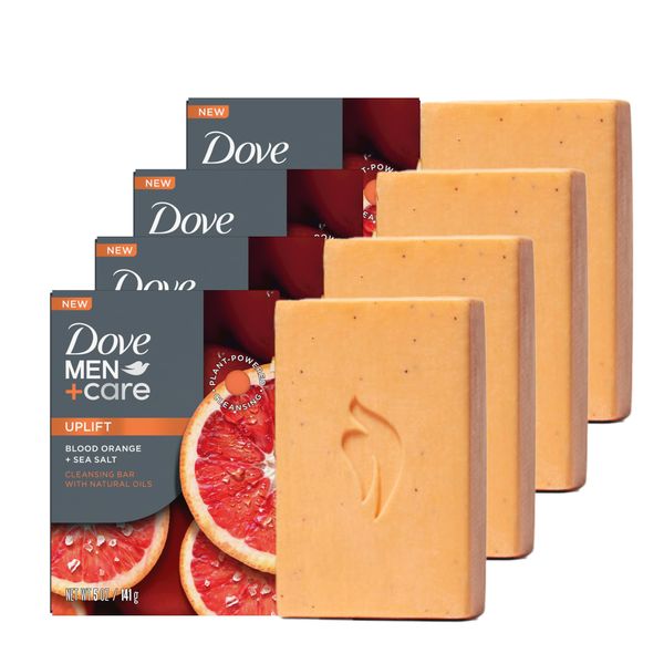 DOVE MEN + CARE Cleansing Bar Soap Blood Orange + Sea Salt 4 Bars to Rebuild Skin in the Shower, a 4in1 Hair, Body, Face & Shaving Bar with Plant-Based Cleanser and Natural Oils 5 oz