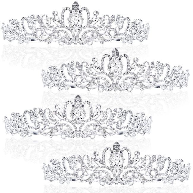 Wavyknot 4 Pcs Crystal Tiara Crowns for Women Girls Princess Crown with Combs for Women Birthday Crown Bride Headbands Bridal Wedding Prom Halloween Cosplay Hair Accessories(Silver)