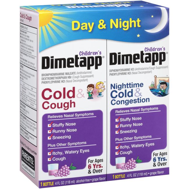 Dimetapp Children's Cold & Cough Antihistamine, Cough Suppressant, & Decongestant - Day & Night (Grape Flavor Liquid, 2-4 fl. oz. Bottles)