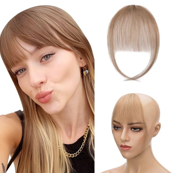 Bangs Clip in Hair Extensions #06 Light Brown One Piece Fringe Thin Front Bangs Clip on Real Remy Human Hair