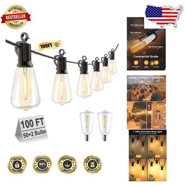 100FT Energy-Efficient Dimmable Outdoor Lights with Shatterproof Edison Bulbs