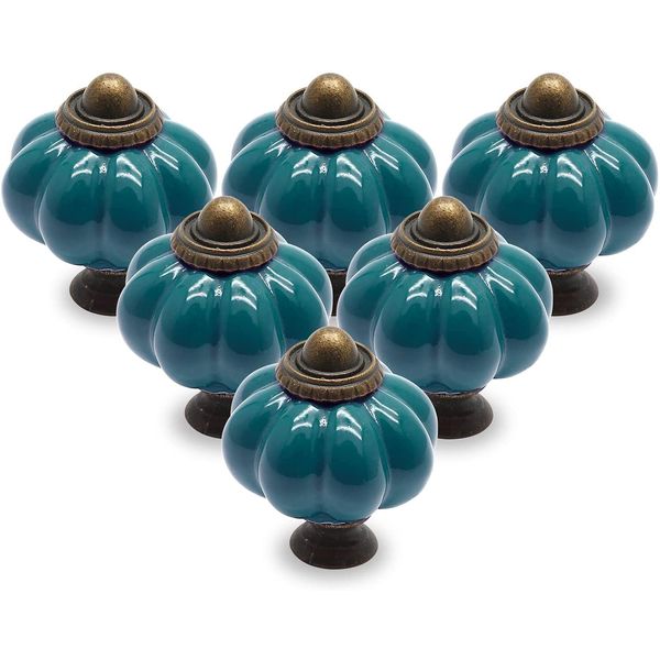 Cjueiom 12 Pack Ceramic Door Knobs Teal Drawer Knobs, Pumpkin Ceramic Knobs Vintage Cupboard Knobs with Mounting Screws, Antique Wardrobe Pull Handles Kitchen Cabinet Knobs for Dresser