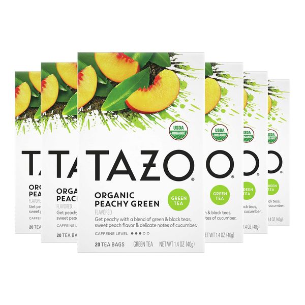 Tazo Organic Peachy Green Tea Bags For a Refreshing Cup of Tea Green Tea Moderate Caffeinated Tea 20 ct, Pack of 6