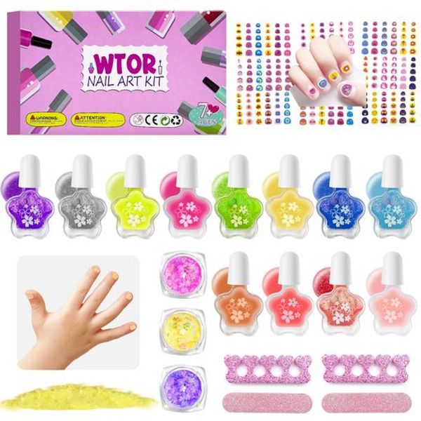 WTOR Kids Nail Polish 12 Color Set + 10 Nail Stickers for Kids + 3 Nail Polish Powder + 3 Rings etc. Peelable Nail Polish Water Soluble Nail Polish Makeup Set Kids Nails Kids Birthday Girl Gift