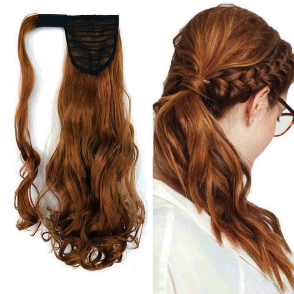 iLUU Wrap-Around-Pferdeschwanz-Haarverlängerung 100 g One Piece Magic Paste Hairpiece 18" Synthetic Curly WavyHair Pieces Strawberry Blonde Hair Extensions #30J