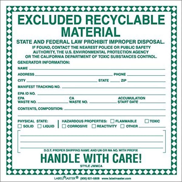 Labelmaster JWMCA Excluded Recyclable Material Label (Pack of 100)