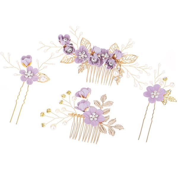 FERCAISH 4 Pcs Fashion Wedding Hair Comb Set, Floral Rhinestones Crystal Bridal Headpiece Hair Clips Accessories for Women Brides Bridesmaids Girls, Wedding Dress Accessories (Purple)