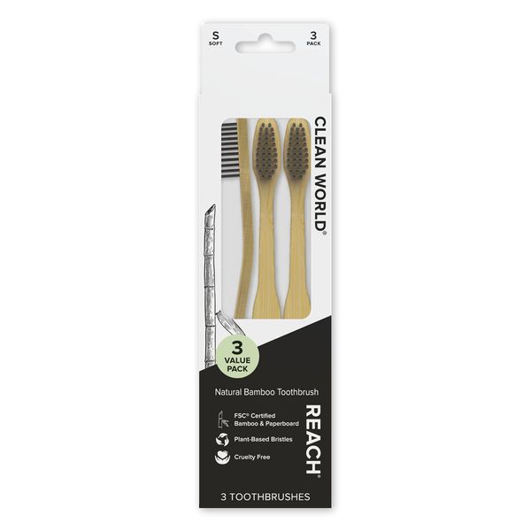REACH Clean World Natural Bamboo Toothbrush, Soft Plant-Based Bristles, FSC Certified Bamboo and Paperboard, Recyclable Packaging, 3 Count
