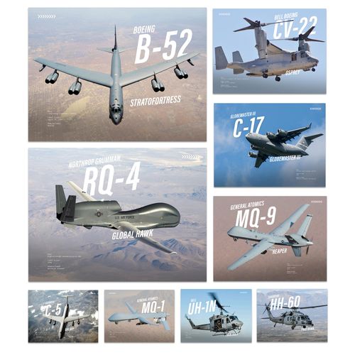 Wallbuddy Modern Military Aircraft Set of 9 Posters | Aviation Wall Art Prints US Air Force Jets Helicopters and Drones Decor | Tactical Fighter Plane Prints for Pilot | Unframed 16 x 12 inches