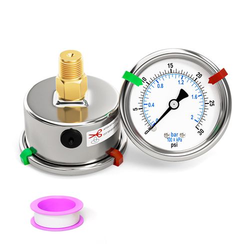 BOGERDACK 0-30Psi Stainless Steel Dry Low Pressure Gauge 1/4" NPT 2" Dual Scale Dial, Back Mount, Waterproof for Water Oil Air Well Pump, compressors, Tire Gas Pressure Test (with Range Mark Pointer)
