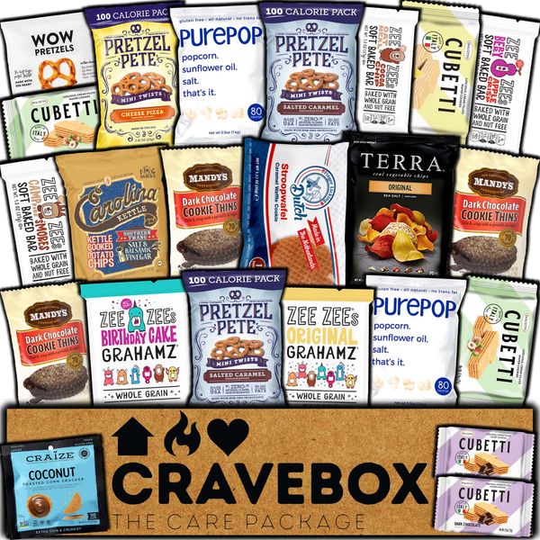 CRAVEBOX Gourmet Value Snack Box (Variety Pack) Care Package Specialty Private Label Healthy Variety Men Women Adults Candy Food Cookies Mix College Student Sampler Office Valentines Day