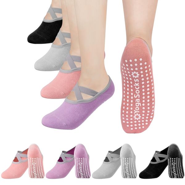 Newofview 4 Paar Yoga Socken,Antirutsch Socken Damen,Pilates Socken mit Kreuzgurten,Rutschfeste Socken für Damen und Herren Pilates,Barre,Ballett,Tanz,Barfuß,Trampolin,Zuhause,Krankenhaus