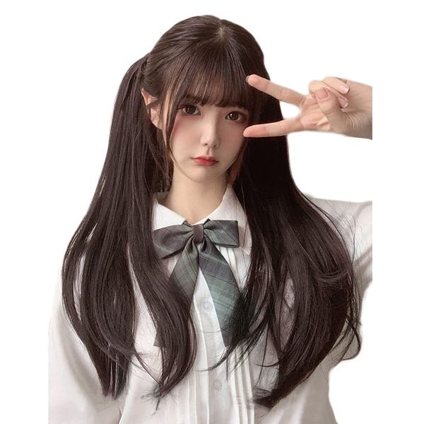 Cute Princess Ponytail Wig 1 Piece Inner Long Extension Twin Tail Women's Point Wig Natural Lolita Ribbon Included