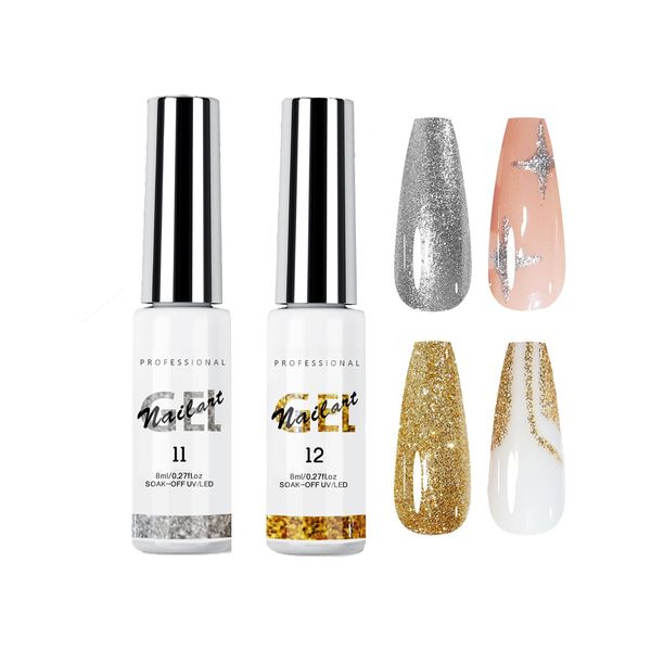 Nail Art Liner Gel Polish Glitter Gel Liner Nail Art 2Pcs Glitter Silver and Gold Painted Gel Nail Polish Soak Off UV/LED Glitter Gel Polish Thin Brush for Home Salon Diy Nail Decoration