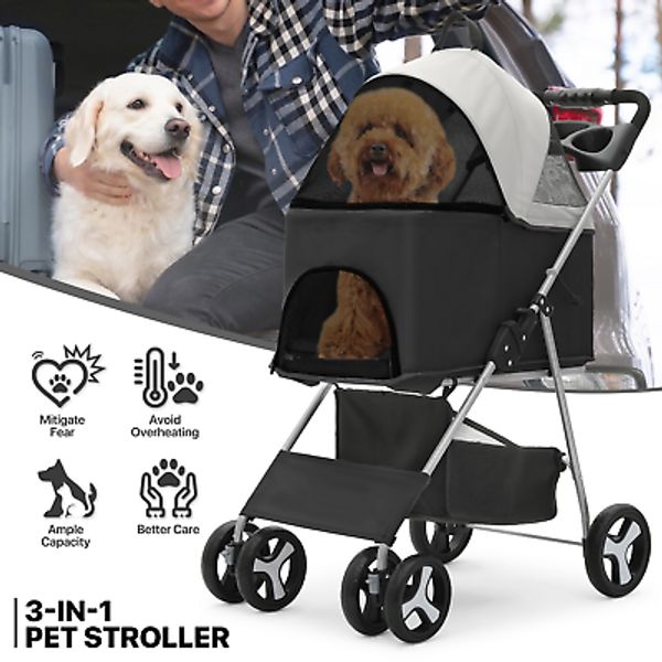 Folding Dog Stroller Adjustable Canopy Pet Travel Carrier Detachable Basket Cart