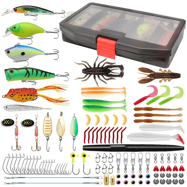 TRUSCEND Fishing Lures Accessories Kit with Tackle Box - Fishing Hooks Minnow Crankbait Frog Popper Lure Worm Fishing Bait-rigs Spinner Baits - Jig Head Fishing Weights Sinkers - Fishing Gifts for Men