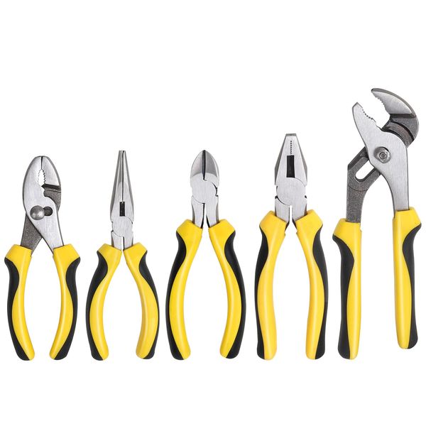 TOPLINE 5-Piece Pliers Set, Pliers Tool Set Included 8" Groove Joint Pliers, 7" Linesman Pliers, 6" Long Nose Pliers, 6" Slip Joint Pliers, 6" Diagonal Pliers for Basic Home Maintenance