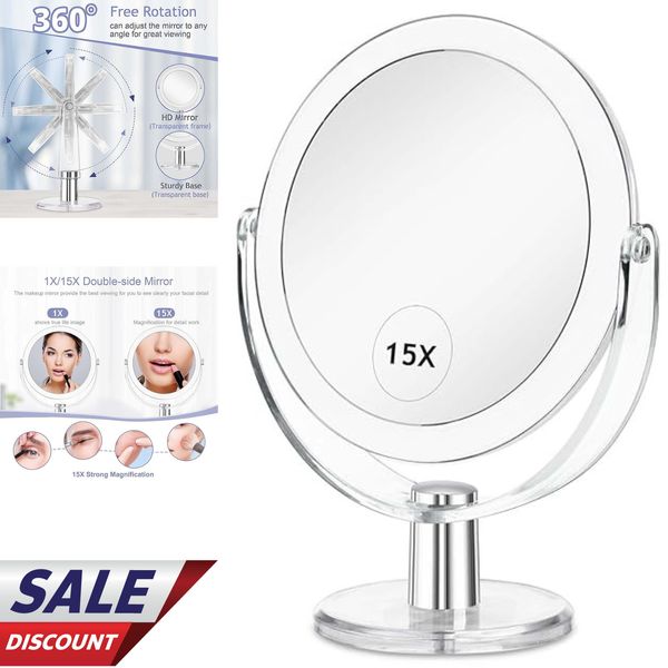 360° Rotate Makeup Mirror With Stand 1X 15X Magnifying Bathroom Tabletop Vanity